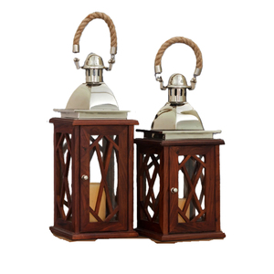 Lanterne à bougie en bois décorative d'extérieur et d'intérieur, design antique, couleur naturelle, ensemble de lanternes de table et suspendues - Product Image 2