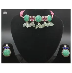 Fine Jewelry Set High End Aqua Chalcedony Carving Stone 925 Silver Beaded Necklace Set With Earrings