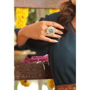 Bague en pierre Druzy bleue faite à la main Bagues en grappe de platine avec motif géométrique Bague de déclaration de style Hip-Hop passe le testeur de diamants - Product Image 2