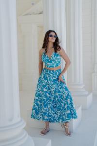 Teal Blossom Bubble Sleeve Twin Set Crossover Crop Top Midi <b>Skirt</b> Aqua Blue Tropical Summer Eco-Friendly Natural Waist Resort - Product Image 2