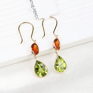 Peridoto de pera Natural y Spessartite Gemstone 18K Oro amarillo sólido Hecho a mano Mujeres Pendientes colgantes de gota Joyería para venta al por mayor - Product Image 2