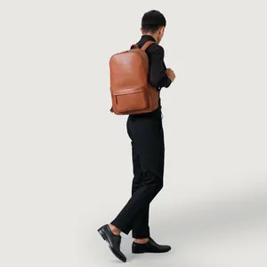 Brown 100% Real Leather Full Grain Naturally Milled Cowhide Leather Backpack with Cotton Twill Inside and Two-Way Zipper