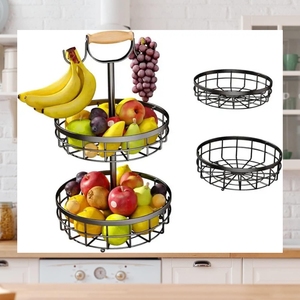 2 Tier kim loại giỏ trái cây đứng với tay cầm bằng gỗ và móc nhà bếp Countertop trái cây bát giá cho Trái Cây Rau bánh mì - Product Image 4