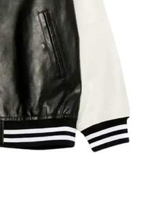 Veste universitaire pour homme en noir et blanc, manches en cuir PU, corps en laine mélangée, col côtelé, boutons pression, streetwear, fabricants OEM personnalisés - Product Image 6