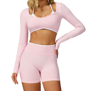 Ensemble de vêtements de sport pour femmes, short de sport à compression élevée, soutien-gorge de sport, manches longues, tenue de yoga, taille plus, durable - Product Image 4