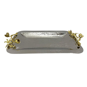 Plateau de service en acier inoxydable de qualité supérieure avec poignées florales dorées, plat rectangulaire décoratif en métal, accessoire élégant pour la maison - Product Image 3