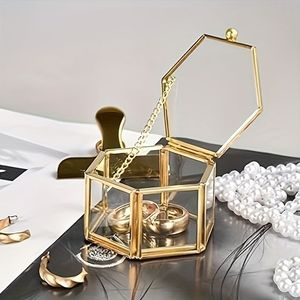 Boîte cadeau hexagonale pour ranger les bijoux, les bagues, les boucles d'oreilles, les accessoires - Boîtes à bijoux en métal laiton durable et en verre pour l'emballage et le rangement - Product Image 6