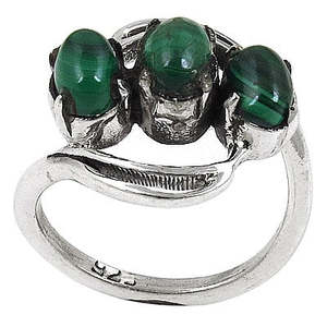 Vintage 925 Sterling <b>Silver</b> Three Stone Jade <b>Ring</b> Plant Pattern Prong Setting Unisex Everyday Wear - Product Image 3