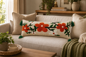 Funda de Cojín Lumbar de Algodón Bordada con Flores Naranjas Estilo Boho, Funda de Almohada Larga Artesanal con Borlas en las Esquinas para Decoración de Cama - Product Image 1