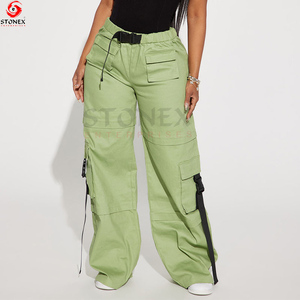 Pantalon Cargo taille mi-haute ceinture élastique poches utilitaires jambe large pantalon personnalisé pour femmes à prix réduit - Product Image 2