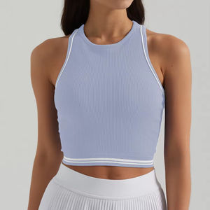 Débardeurs de sport sexy pour femmes, sans manches, à contraste de couleurs, en tricot, dos nageur, séchage rapide, Spandex/Nylon 220g - Product Image 5