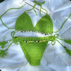 Customized 2026 European and American Cross-border Fashion Handmade Fresh and Sexy Green Bikini Swimsuit <b>Hook</b> Knitted Swimsuit - Product Image 1
