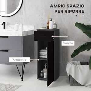 Kleankin Armoire de salle de bain en aggloméré avec tiroir et armoire réglable à 2 niveaux, 30x30x82 cm, noir et gris - Product Image 4
