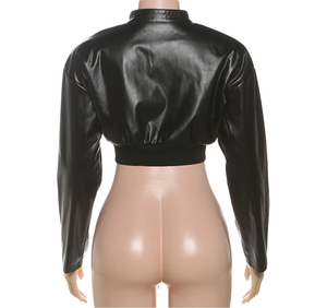 Veste bomber courte en cuir PU avec fermeture éclair, imprimé lettres, patchwork, pour femmes - Product Image 5