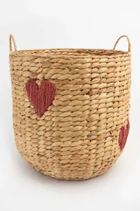 Handmade Embroidery Water <b>Hyacinth</b> Weave Storage <b>Basket</b> With Handles New Design Woven <b>Basket</b> With Heart Embroidery From Vietnam - Product Image 4