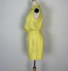 Yellow <b>Linen</b> 2-Piece Shorts <b>Set</b> Bow Collar Button Front Regular Fit Knee-Length Summer Casual Wear Vietnam Manufacturer OEM/ODM - Product Image 2