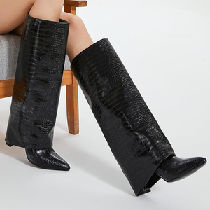 Botas Altas hasta la Rodilla con Plataforma y Tacón Ancho, Plegables con Punta Cuadrada, Botines Largos sin Cierre Superpuestos de Caña Ancha para Mujer en PU con Cremallera - Product Image 5