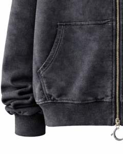 Sweat à capuche zippé en coton chiné avec broderie florale, style streetwear vintage, fabrication OEM personnalisée, veste en molleton délavée - Product Image 6