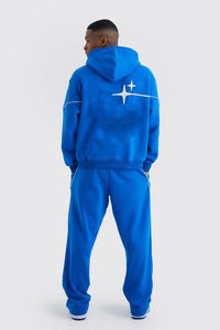 Sweatsuit 100% Cotton Acid Wash Reflective Lines Trouser and Hoodie Screen Prining Oversized Winter Tracksuit For Men's - Product Image 5