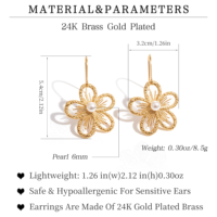 Boucles d'oreilles vintage en laiton avec breloque de joaillerie fine, plaqué or, motif papillon en pierre naturelle, forme fleur tendance pour femme