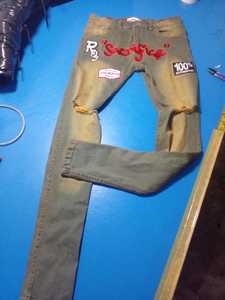 Kustom kain regang bordir saku terbang kancing atas ritsleting Skinny Distressed <span class=keywords><strong>Jeans</strong></span> Denim 12oz celana celana pelari