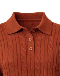 Suéter Corto de Punto Trenzado Color Marrón Oxidado Personalizado para Mujer, Manga Larga, Cuello Redondo con Botones, Dobladillo Acanalado, Prenda de Punto Informal para Invierno - Product Image 5