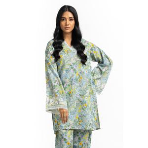 Ensemble coordonné en viscose imprimé vert marine style bohème, brodé, sans col, en tissu crêpe pour le printemps/été - Product Image 2