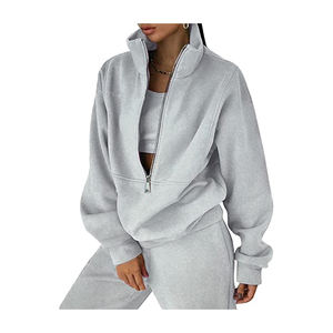 ชุดเสื้อมีฮู้ดและกางเกงวอร์มโอเวอร์ไซส์ของผู้หญิงกางเกงวิ่งเปล่าพร้อมซิปตกแต่งลายพื้น - Product Image 3