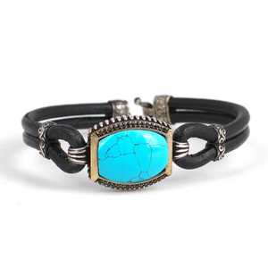 925 Sterling Silver <b>Leather</b> Charm <b>Bracelet</b> with Turquoise Stone Fashion Accessory - Product Image 1