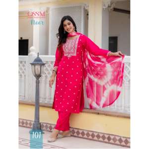 Nouvelle tenue Kurti et pantalon en soie romaine pure viscose et broderie lourde avec un ensemble de dupatta en chinon imprimé numériquement - Product Image 1