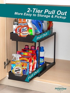 Organisateur <span class=keywords><strong>sous</strong></span> l'<span class=keywords><strong>évier</strong></span> en plastique noir à 2 niveaux pour la cuisine et la salle de bain, rangement coulissant pour armoire et étagère d'organisation - Product Image 2