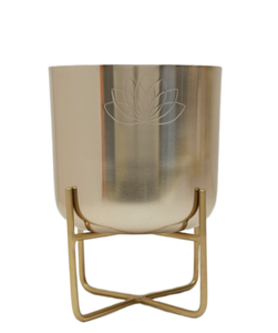 Flower <b>Vase</b> Lotus <b>engraved</b> metal planter with modern gold stand ideal for indoor plant decor home balcony and stylish interior - Product Image 1