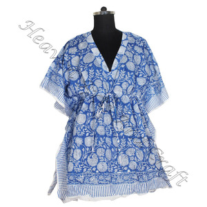 100% coton femmes vêtements de nuit main bloc imprimé caftan robe KFCS060 poids léger femmes décontracté Occasion porter court Caftan robe - Product Image 6