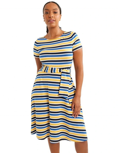 Vestido Midi Casual de Moda para Mujer, Manga Corta, Cinturón de Tela, Corte Entallado, Falda con Vuelo, Jersey a Rayas en Color Marfil - Product Image 4