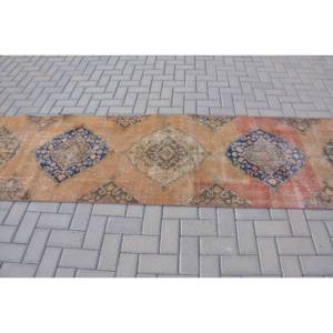 Tapis turc vintage traditionnel Beige bleu 2.7 X 11.3ft fait à la main en laine Patchwork Design pour adolescents Rectangle couloir Latex chevet - Product Image 3