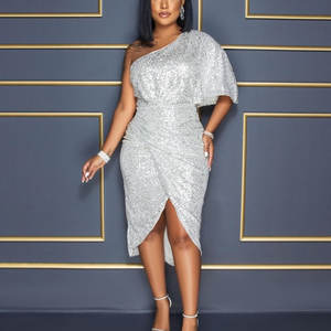 Abito da Sera di Lusso Monospalla con Glitter, Taglia XS, Maniche Corte, Perle e Fiori 3D, Lunghezza a Terra per Feste Formali - Product Image 3