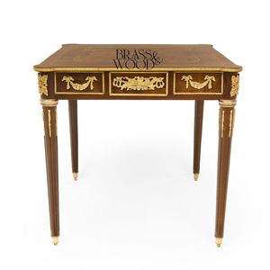 Mesa Auxiliar Cuadrada de Lujo con Incrustaciones de Nogal y Adornos de Latón Dorado Antiguo para Decoración Clásica de Sala de Estar - Product Image 1