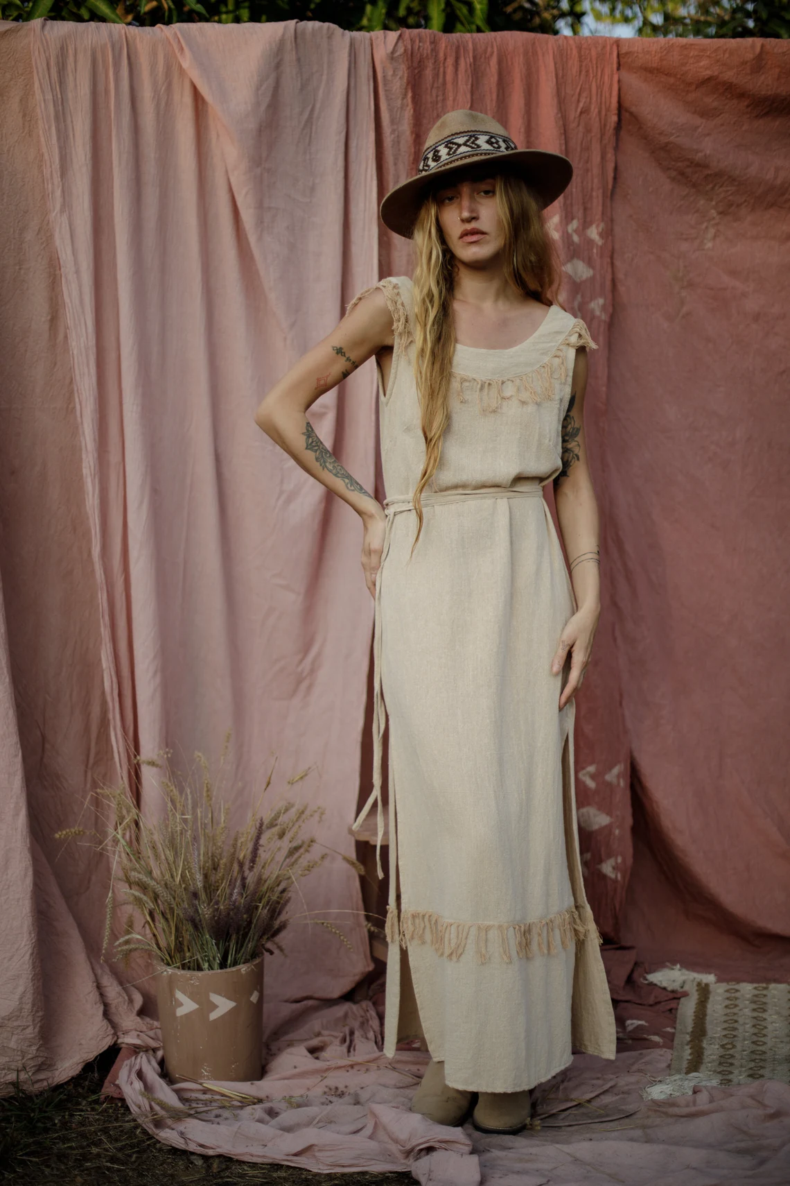 boho dress with sleeves Retro Boho Lace Sleeved High Neck Wedding Dress Nude Beige