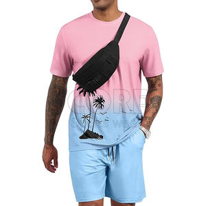 Survêtement 2 pièces à manches courtes pour hommes T-shirt imprimé graphique Ensemble short uni et uni Ensembles de vêtements d'extérieur décontractés pour l'été - Product Image 2