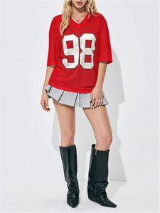 Mode Streetwear Hip-hop Jersey classique numéro T-shirt femmes 2025 nouveauté femmes paillettes col en V croix haut chemise - Product Image 3