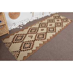 2.8x8.3 ft Vintage <b>Rug</b>, Turkish <b>Runner</b> <b>Rug</b>, Beige Brown Check Wool <b>Rug</b> - Product Image 4