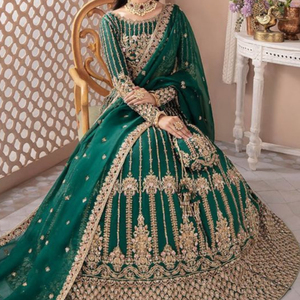 INDIAN/PAKISTANI BRIDAL BOTTLE <b>GREEN</b> COLOR BLOUSE & LEHENGA DRESS Embellished WITH CRYSTAL GLASS BEADS,STONE,DABKA Work @ 2023 - Product Image 1