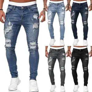 Pantalones vaqueros rasgados personalizados para hombre, Jeans ajustados apilados de alta calidad