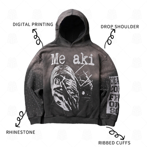 Vintage Wash Heavy Thick Hoodie Rhinestone y diseño de impresión digital Sudaderas con capucha personalizadas 100% algodón Streetwear para hombres - Product Image 1