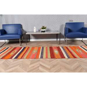 Vintage Turkish Kilim Rug 2.6x9.2 ft (80x279 cm), <b>Red</b> Floral <b>Wool</b> Rug - Product Image 4