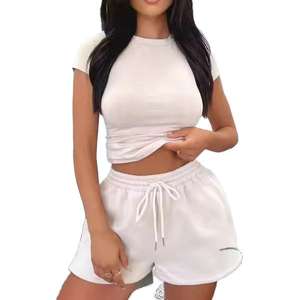 Conjunto deportivo de dos piezas para mujer, de color sólido, estilo casual, tejido, manga larga, unisex, camiseta corta, éxito de ventas. - Product Image 1