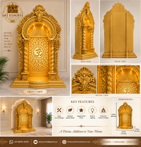 Mandir hindú Om dorado tallado a mano para hogares de lujo, santuario de madera de teca de lujo para sala de Pooja, templo tradicional de madera maciza con acabado dorado. - Product Image 6