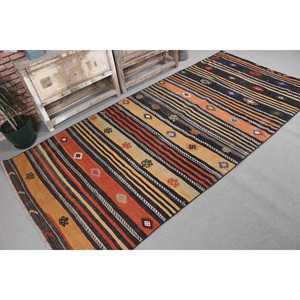 Tapis Kilim, tapis turc de 4,2 x 8,8 pieds, tapis noir à motifs floraux en laine - Product Image 3