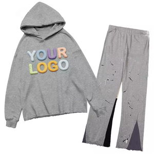 Conjunto Deportivo de Invierno Personalizado al por Mayor, Sudadera con Capucha de Estilo Urbano con Dobladillo sin Rematar y Pantalones Deportivos con Corte Acampanado, Pantalones Deportivos con Estampado de Salpicaduras - Product Image 6
