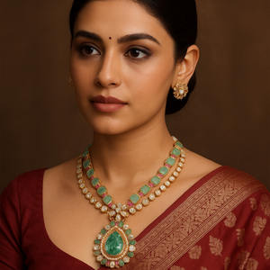 Ensemble collier et boucles d'oreilles Gajaah en argent sterling 925 avec émeraude et rubis à double rangée et diamants polki - Product Image 2